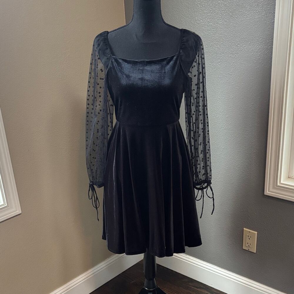 Rare Editions Black Velvet Dress with Polka Dot Mesh Sleeves